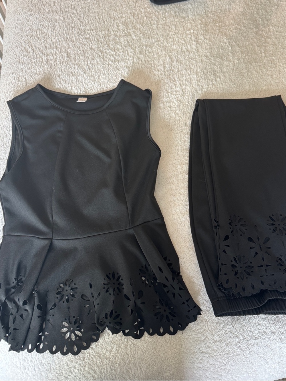 Womens Black Peplum Top and Leggings Set with Laser-Cut Hem from SHEIN small